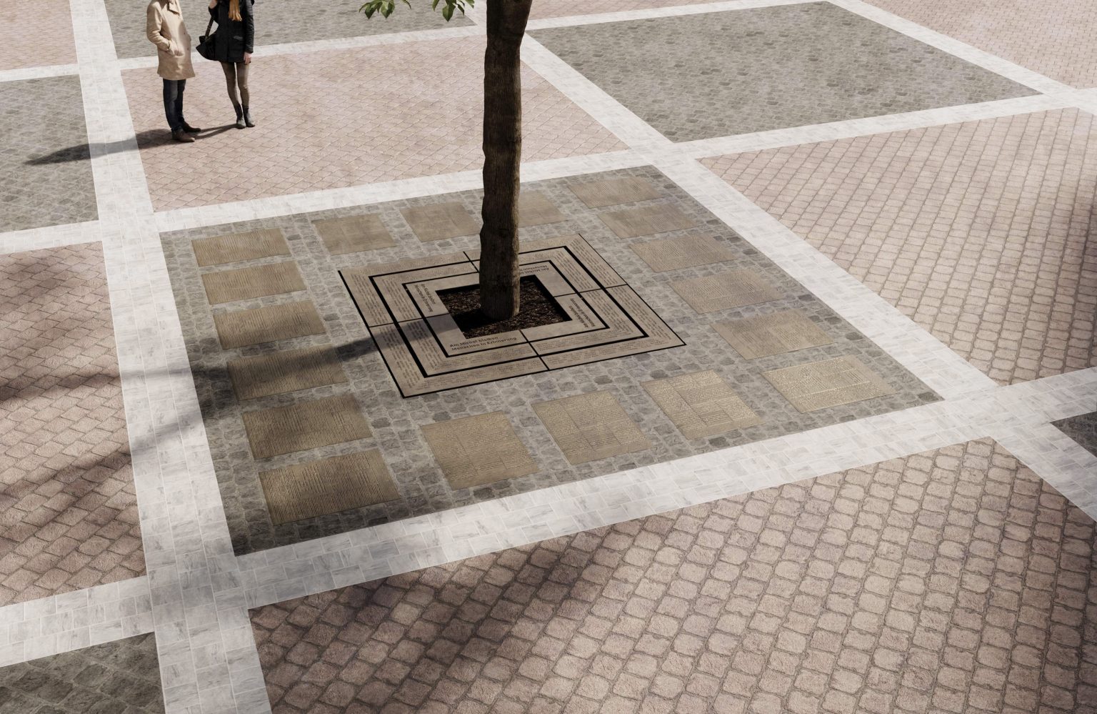 Rund um einen Baum auf den Kichplatz des Michel sind 18 Michel-Tafeln angeordnet. Beim Baumstamm sind die Namensgravuren von Spenderinnen und Spendern zu sehen.