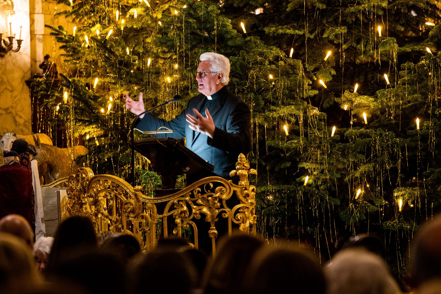 Weihnachtsandacht mit Hauptpastor Alexander Röder vor dem geschmückten Weihnachtsbaum
