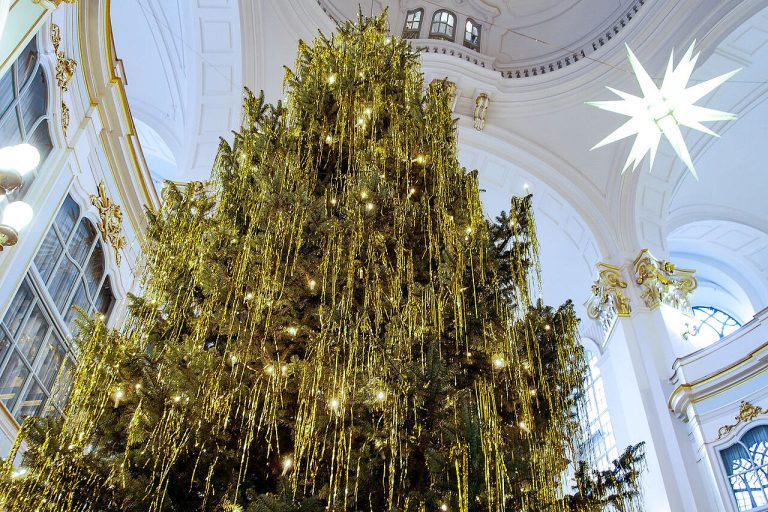 Der illuminierte Weihnachtsbaum im Altarraum des Michels, im Hintergrund der Herrnhuter Stern